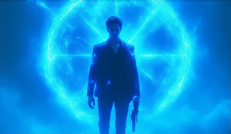 "A cinematic futuristic poster for the short film Timekeeper: The Last Decision. Arion, an athletic young man in a futuristic black suit with glowing bright blue stripes, stands at the center of the frame with a determined expression. The strong blue light...