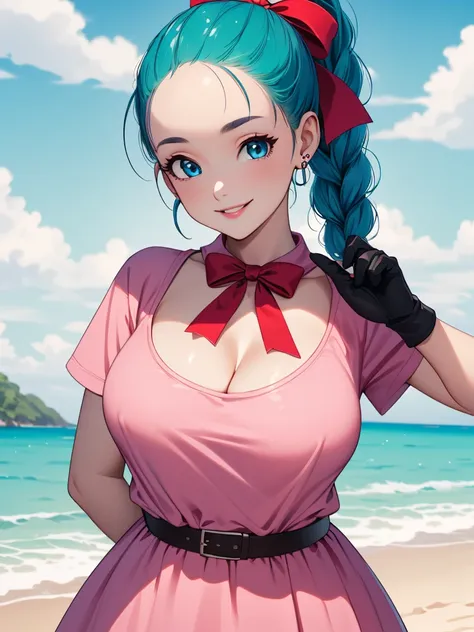 perfect anatomy, super detailed skin, (bulma, blue eyes, blue hair, aqua hair, single braid, braided ponytail, red ribbon, hair bow, earrings forehead:1.2), masterpiece、 best quality、masterpiece,  high definition , 8K quality,  perfect face, 1 girl, beauti...