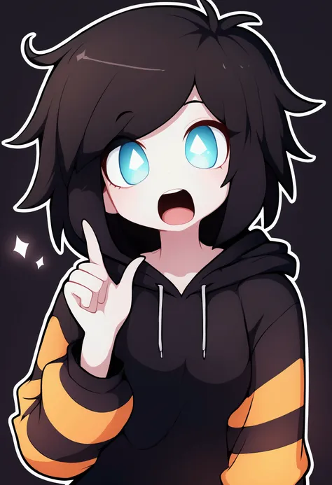 c4toony style , 1girl, :d , black background , open mouth , solo , white outline , index finger , touching cheek , white outline , short black hair with orange stripes , big blue pupils , big eyes , triangle mouth , no teeth , no tongue , black hoodie with...