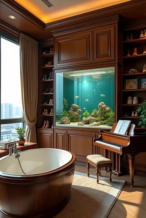 Interior design, one bedroom, one living room, big fish tank, big bathtub, piano, lots of shoes