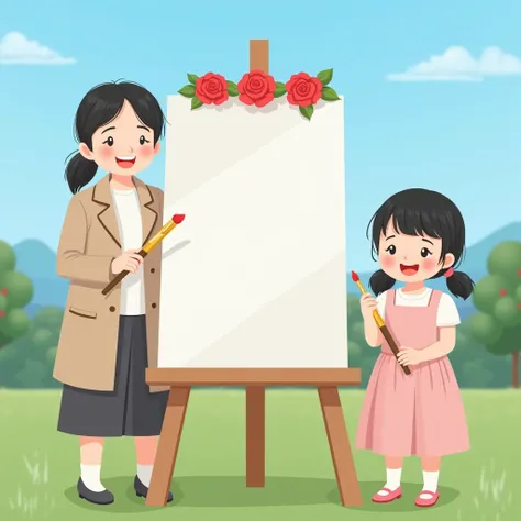 A realistic photograph. In the picture, a pure white drawing board is placed on a large wooden easel, and the drawing board is displayed completely frontally. There are some bright red roses on the edge of the drawing board as decoration. Next to it stands...