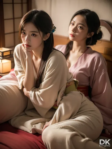 (((Prostitute)))、((( Ancient Japan )))、Oiran、kimono、(((kimono)))、Long-sleeved kimono、(((Background Japanese Style Bedroom )))、castle town、( imaginary)、(((mattress)))、 cute、20 years old、Beauty、 best quality ,4K,8k, high definition ,masterpiece:1.2), super d...