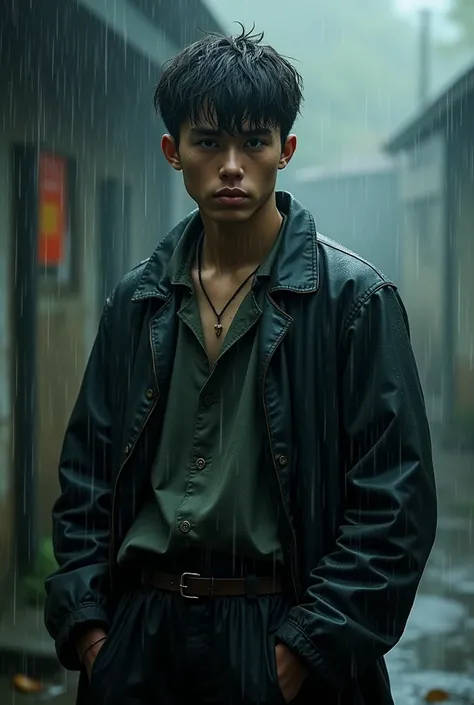 An 18-year-old man standing in front of the camera in the rain with his clothes on