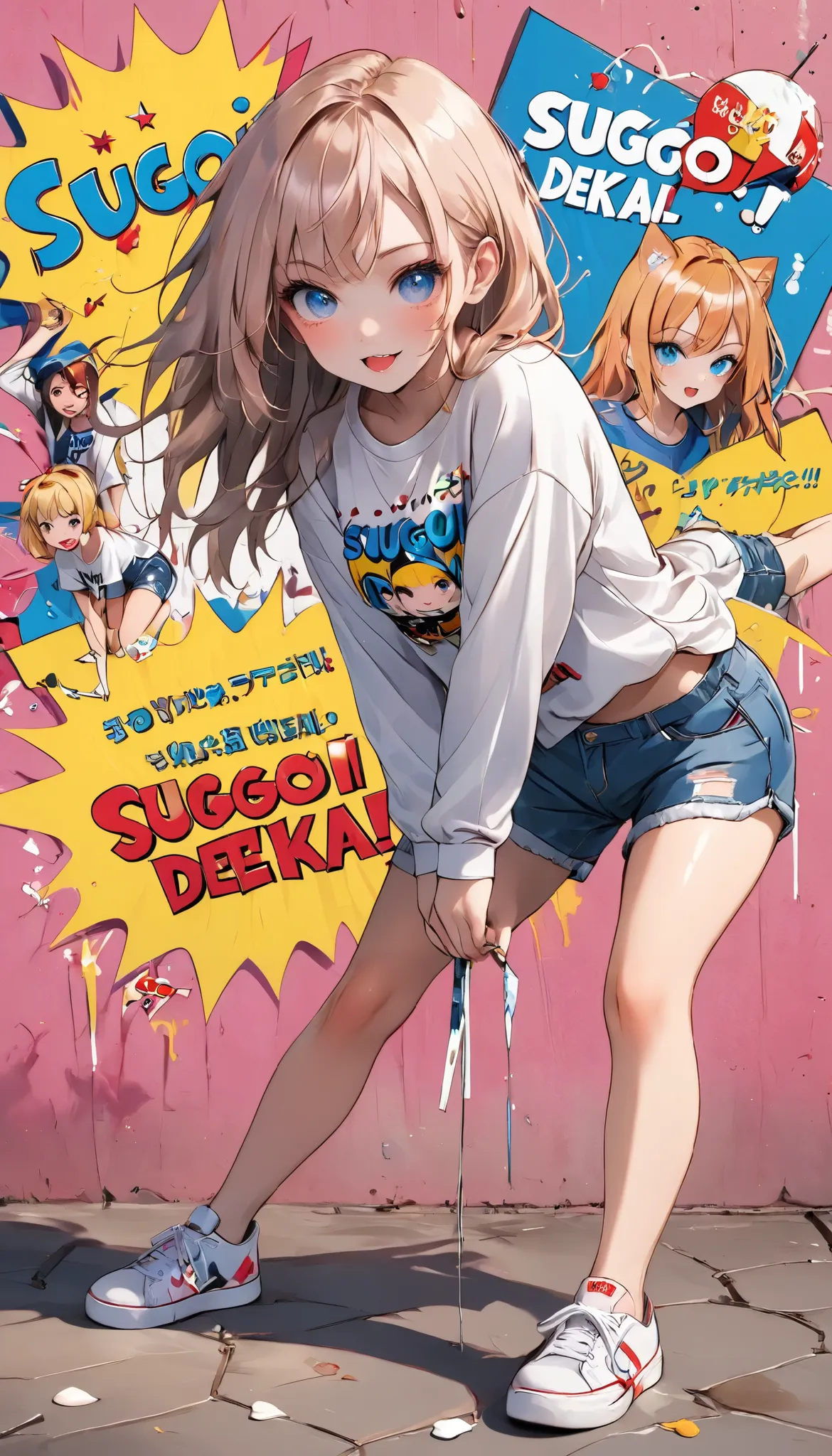 dtorture,pop art,beautiful girl, split leg forward bend,fullbody, uzaki hana, shirt, raglan sleeves, romaji text, clothes writing, long sleeves, denim shorts, pantyhose, fang, T-shirt,writting,T-shirt that says "Sugoi Dekai"