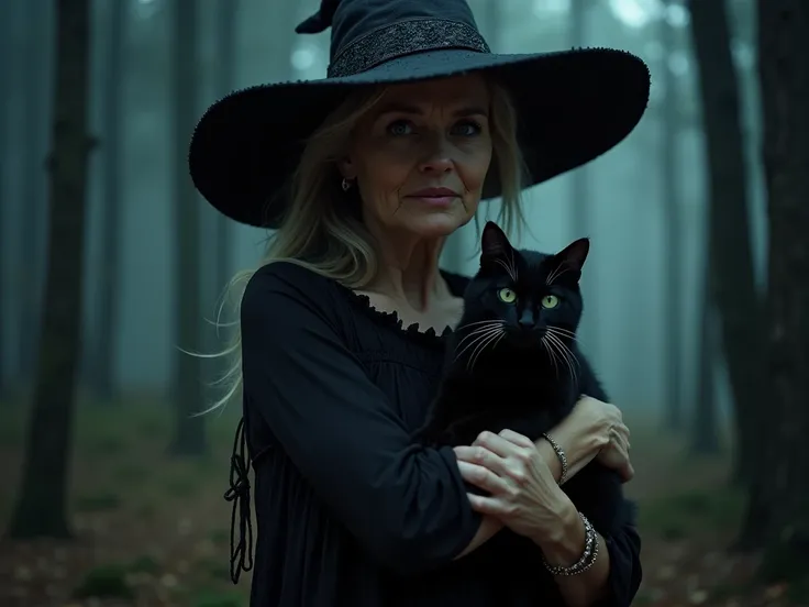 beautiful mature woman, wear witch hat, wearing halloween dress, standing in scary forest, holding a black cat in his chest, in a scary fantasy forest at night, ((detailled beautifull face)), facing camera