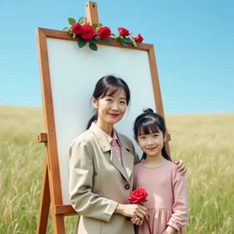  A realistic photo picture 。 A large wooden easel in the picture ， The background is a completely frontal display ， There are some bright red roses on the edge of the drawing board 。Standing beside a 60-year-old Taiwanese simple middle-aged woman in a beig...