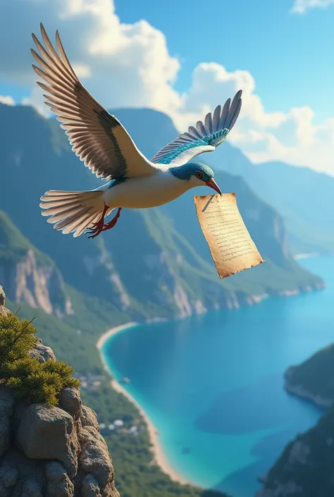  A beautiful bird floating in the sky,at the bottom of the mountain  ,sea. She has a letter in her beak  .