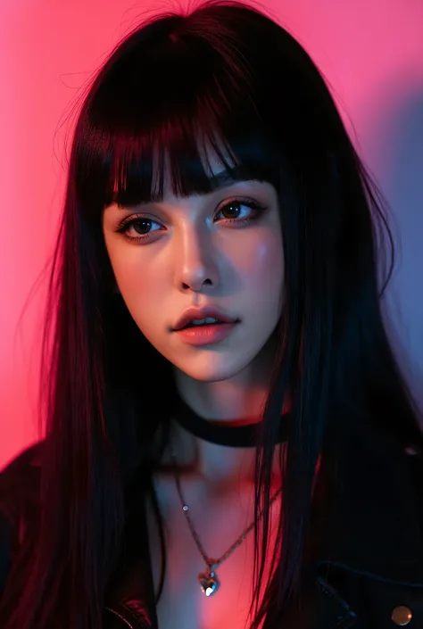 woman with long straight black hair with bangs covering one eye, pop punk clothes, beautiful detailed eyes, beautiful detailed lips, extremely detailed eyes and face, long eyelashes, intricate details, high quality, detailed portrait, cinematic lighting, v...