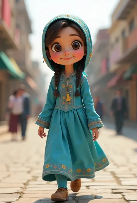 

"An animation of a  tall girl from the Hazara ethnic group in Afghanistan, with almond-shaped eyes, a small nose, and a cheerful face. Wearing traditional Hazara clothing in sky blue, adorned with intricate embroidery, walking along the streets of Kabul....