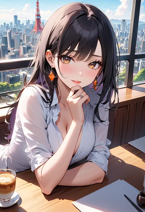 masterpiece,best quality,ultra detailed,high resolution,16k, beautiful,   1 girl,  black long hair by lla,Business shirts、 earrings for a woman alone, Outdoor、Married Woman,sunlight、Clear skies、Cafes in Tokyo、Skyscrapers in the background、 Tokyo tower 、bew...