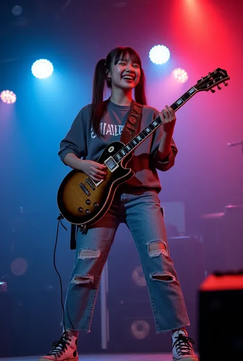 (young beautiful korean woman playing electric guitar on stage at an indoor event)、nighttime live performance、Stratocaster、(Best Quality、8k、RAW Photos)、(Genuine:1.2) 、(2 korean beauty:1.2、Idol&#39;Face:1.3) 、((wearing oversized gray clothes and ripped penc...