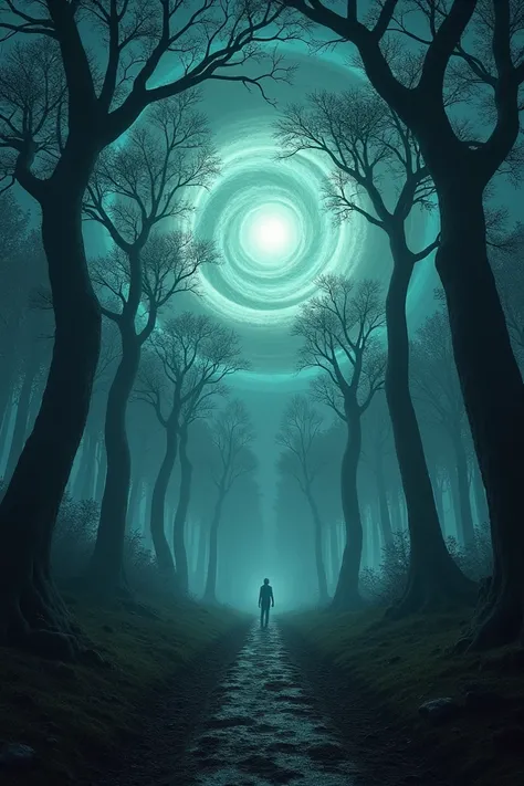 "A forest at night with trees bending in unnatural ways, glowing in eerie colors. In the distance, a massive, swirling vortex in the sky appears, drawing everything towards it."