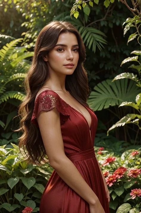 A beautiful Argentinian woman, detailed face features, long eyelashes, glossy lips, wavy brown hair, wearing a red dress, standing in a lush garden with flowers, dappled sunlight, cinematic lighting, photorealistic, 8k, highly detailed, masterpiece