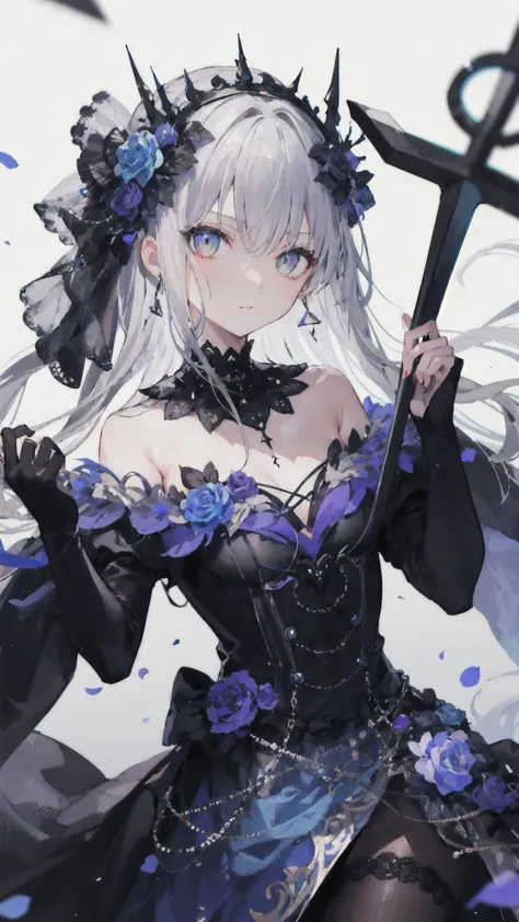 ( masterpiece ), (   Quality Best  ),  Perfect combination with popularity on  , Clean, 8K, , [  1 girl at home ,  Cowboy shooting], (minato_Snow vegetable_Bond Dreams:1), long grey hair, Sweep away bangs ,    bright eyes  , Jewelry, hair_flower, Gothic fa...