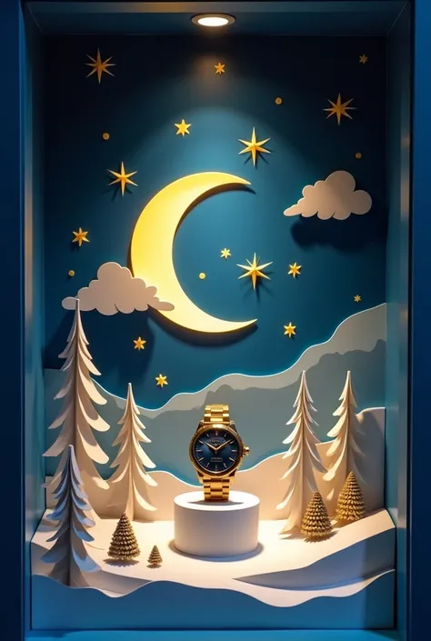 Design a window display for a watch brand in a papercut style. The theme is Christmas, featuring elements like the moon, the sun, and a starry night sky. Use deep blue, gold, and white as the main colors to create a magical and festive atmosphere. Place a ...