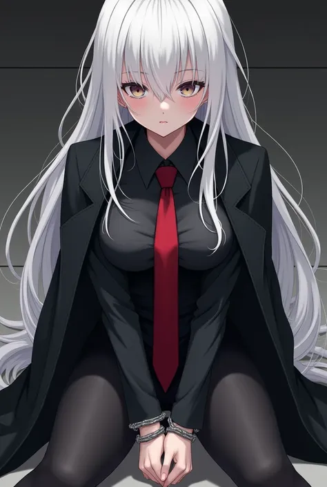  cute woman . white skin.  hands tied on top . White long hair . With bangs. black semi suit. black coat. red tie. Barefoot. Sitting. anime style