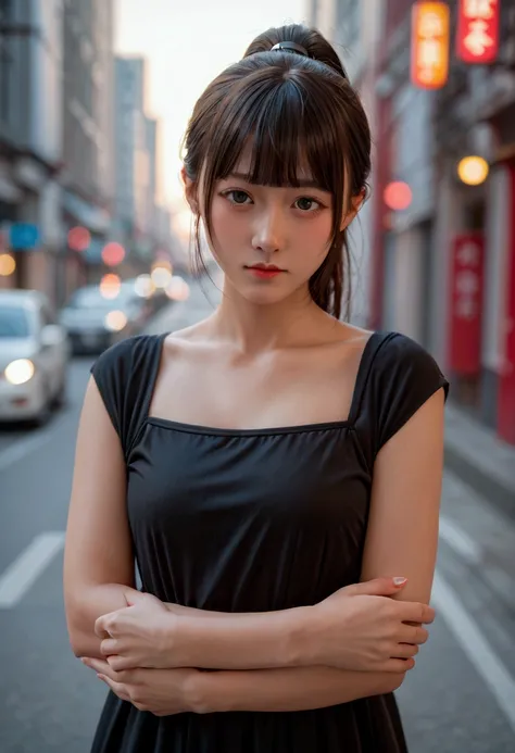 score 9, score 8_up, score 7_up, score real, beautiful face woman, 優しい目、少したれ目、少しそばかす顔、((brown short hair, ponytail, blunt bangs)), amazing hourglass figure, ((futuristic black dress)), perfect figure, city at night, (standing with arms crossed) ,front view...