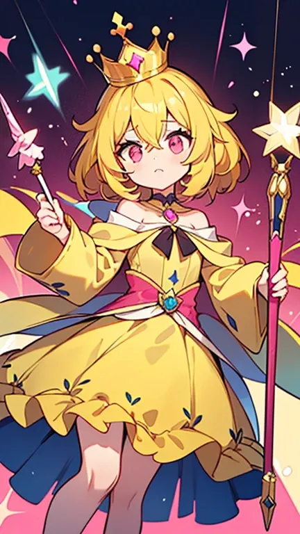 (( A woman with yellow hair and pink eyes)),((Im wearing a crown )),(( Im wearing a yellow princess suit )),(( Im holding a magic wand )),bangs,Hair between eyes