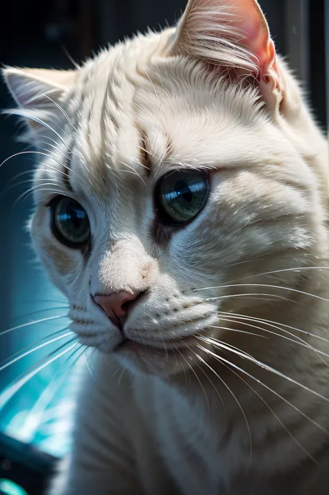 a close-up portrait of a white cat in a parallel universe, hyper detailed, cinematic, dramatic lighting, intricate sci-fi enviro...