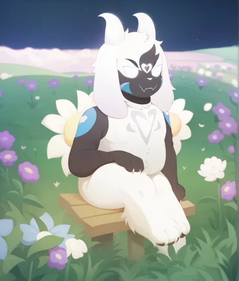  there is a black and white cat sitting on a bench in a flower field, ethereal suave e fofo brilho, the non-binary deity of spring, com efeitos ethereals de flores, ethereal flowerpunk, sitting in a field of flowers, an image of a (a) ethereal(a), Asriel D...