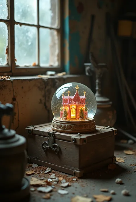 A very old and dirty garage filled with dust, cobwebs, and aged tools scattered around. In the corner, there is a wooden box with various items haphazardly thrown inside, including a very small and dusty snow globe. Inside the snow globe is a miniature, el...