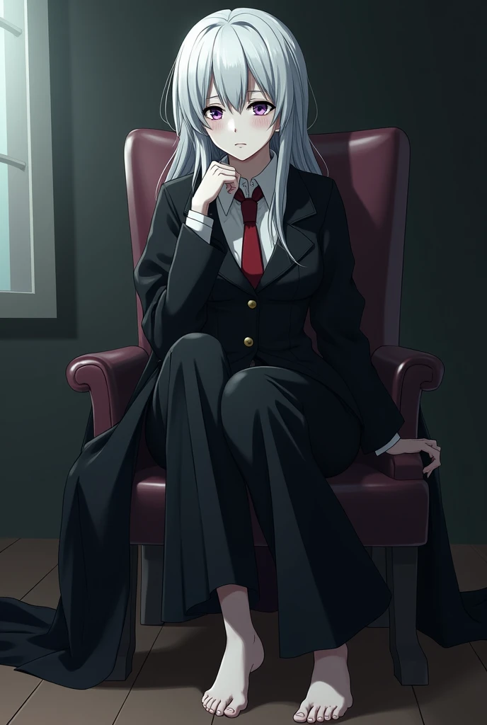  mature women. Tired . With dark circles. white skin. Pale purple eyes. White long hair . With bangs. black semi suit. black coat. red tie. Barefoot. sitting on a chair. Cross one&#39;s legs. anime style