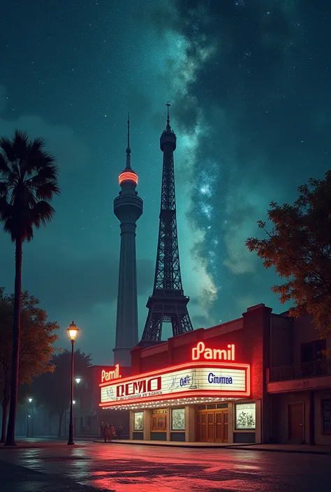 Make me a picture of the Eiffel Tower and the Paris Tower in the Pamir Cinema in Kabul, with the galaxy in the sky