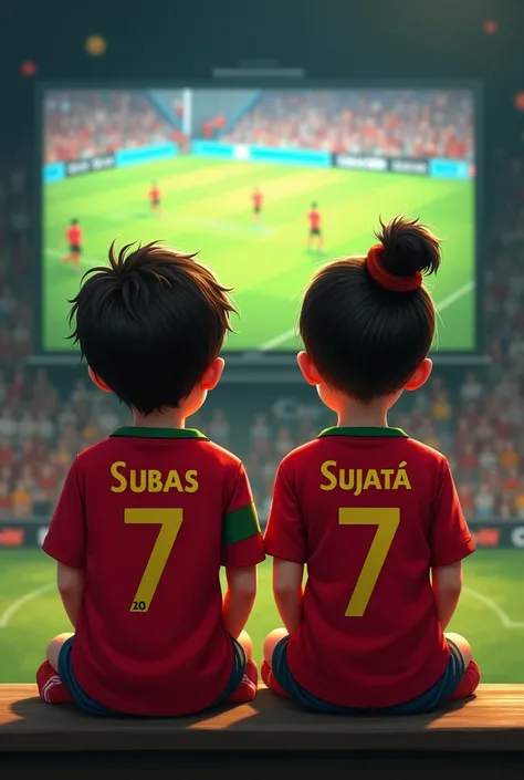 the boy and girl watching in football in tv.the boy jersey namesubas7 .and the girls jersey name sujata7.the boys and girls wearing in portugal football team jersey .the boys and girls sit in bench .