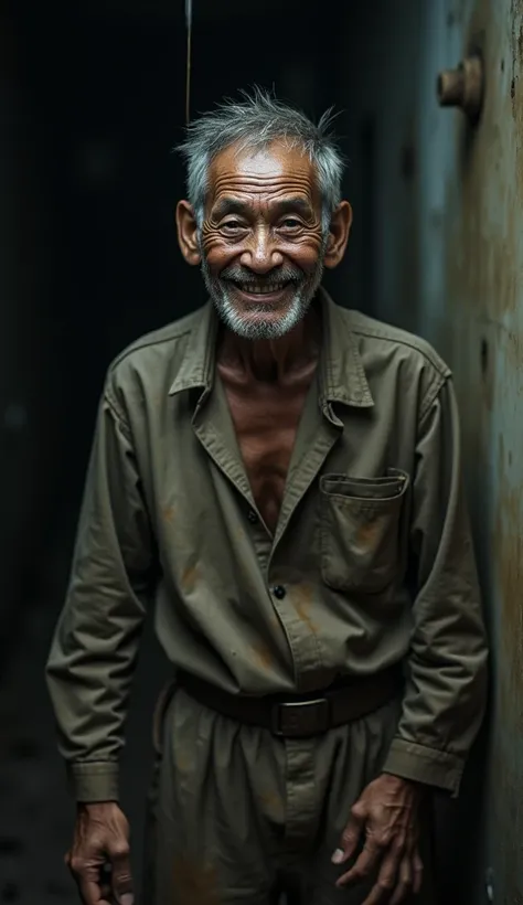 Image of a poor 50 year old Vietnamese man, wearing old, muddy clothes, face down, big, deep black eyes, smiling a creepy, weird smile, his whole body wet, standing in front of a dimly lit room, creepy, scary, gloomy