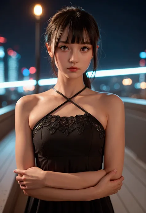 score 9, score 8_up, score 7_up, score real, beautiful face woman, Kind eyes、 my eyes are a little bit hot、Accurate body expression、((brown short hair, ponytail, blunt bangs)), amazing hourglass figure, ((futuristic black dress)), perfect figure, city at n...