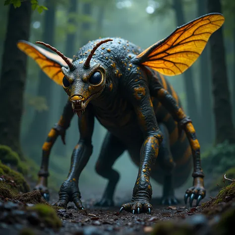 " A monstrous hybrid combining the characteristics of a giant earthworm , a bee and a large wolf .  The creature has a long, segmented body ,  similar to that of an earthworm ,  insect wings similar to those of a bee and the head and claws of a wolf.  Its ...