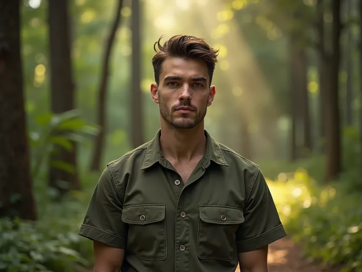 an american actor stand up on forest with sun light, realistic photo, front shot, portfolio shot, bust shot