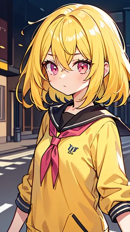 (( A woman with yellow hair and pink eyes)),((Im wearing yellow clothes like a college student)),bangs,Hair between eyes