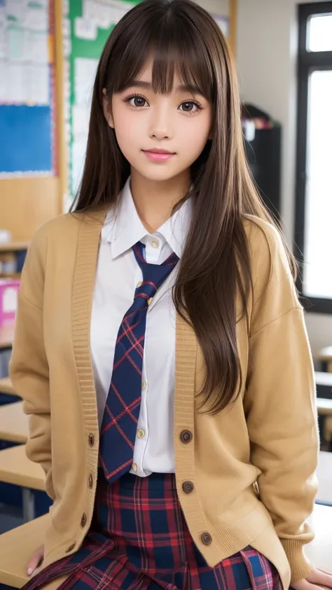 creative girl in school classroom ,(6.5 head and body), sexy latino ,   I wear a Japanese uniform with a plaid skirt ,  cardigan, blouse, tie,  long light brown hair asymmetrical bangs ,  beautiful detailed eyes,  long eyelashes ,  glossy lips,  plump chee...