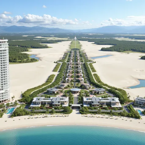 a picturesque beach resort nestled in the middle of a long stretch of white sand. The resort features a row of modern 5-star resort style houses divided into plots on a long stretch of beach, with a 6-storey hotel to the left. The setting exudes a sense of...