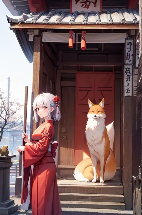  anime style,One girl,Japanese shrine maiden outfit, and one fox,