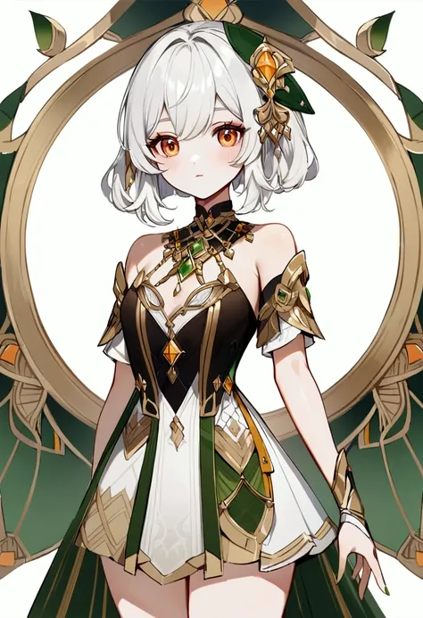 Clothing, fashion design,clothing includes:(black, a little green, and gold)lots of gold jewelry, neckline, short dress, genshin style,bare shoulders, chest, special inserts,  , lots of details in clothes ,cute girl, short white hair, orange eyes, innocent...