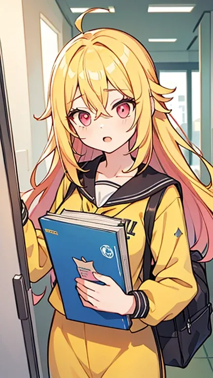 ((Woman with long yellow hair and pink eyes)),((Im wearing yellow clothes like a college student)),bangs,Hair between eyes