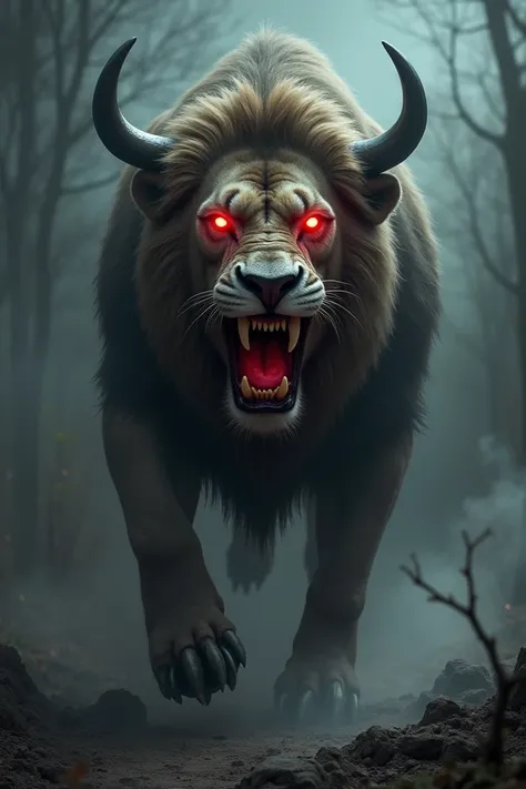 Hybrid image of Lion and cow scary with red haunted eyes