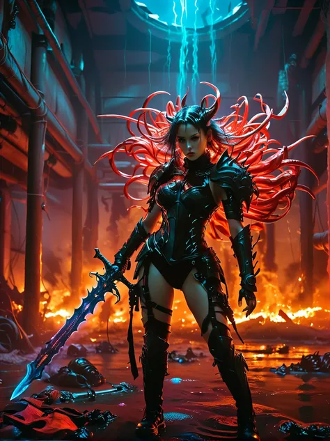 Cyberpunk hell super sexy busty female warrior wearing neon mecha armor，Female swordsman holding sword in a pool of blood， unique ，1 Sword，Luminescence&#39;Shallow eyes，devil&#39; Wings ，Wide-angle lens，biology，Weird，crawl，Nightmare，Very bright neon colors...