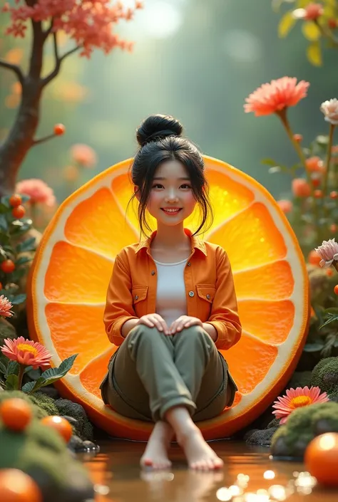 A real scene where there is a beautiful Korean woman,smooth white skin,,black hair in a Korean-style bun ,orange shirt , knee length cargo pants , white t-shirt pose, sitting smiling inside a piece of orange , splashes of orange juice splashed upwards, rea...