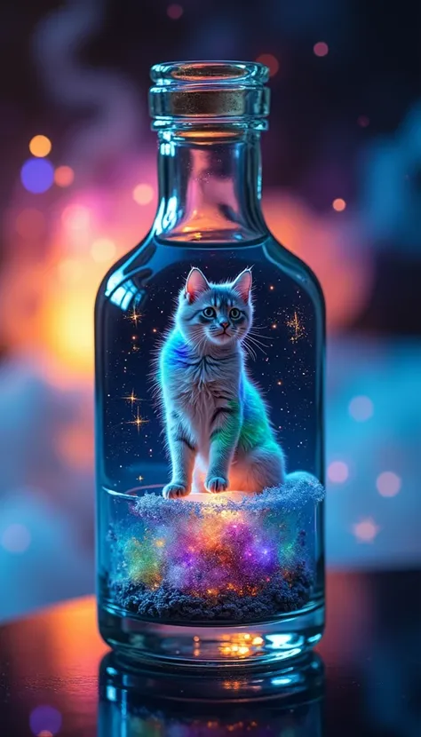 Made by AIS-RCN, 8K Photo, "words,   Cat with iridescent fur ,    Flying Out of a Gem  ,        Reflections on Delicate Artwork     .", Supple,     Rely on side lighting,        Closeup of a Glass Bottle       ,Cat Standing on a Planet   ,    Cat with Ador...