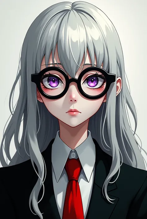  mature women. Tired . With dark circles. round, big black glasses. white skin. Purple eyes. White long hair . With bangs. black semi suit. black coat. red tie. Cartoon. anime style.