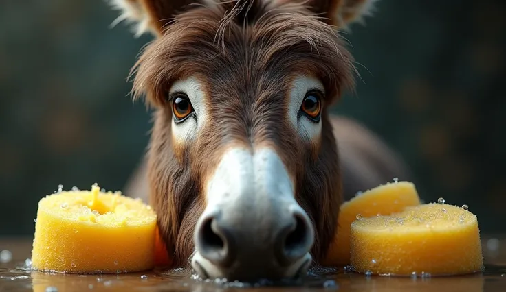 A close-up of the donkeys face, showing a mix of confusion and realization as it feels the weight of the soaked sponges pulling it down.
