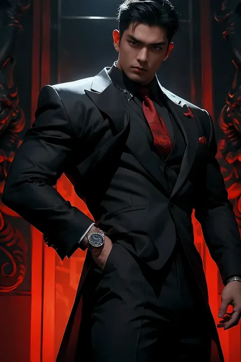 Powerful Asian man, wearing a dapper suit, towering figure, 6-pack abs, outfit inspired by the Bull Demon King, dynamic pose, dark and moody atmosphere, cinematic lighting, fantasy art style, highly detailed