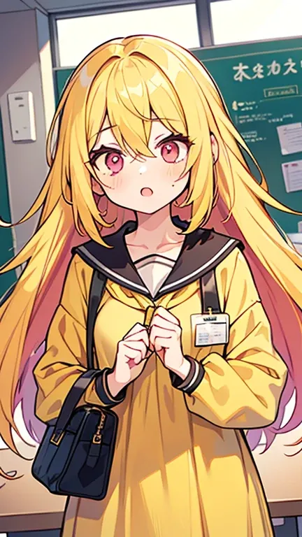 ((Woman with long yellow hair and pink eyes)),((Im wearing yellow clothes like a college student)),bangs,Hair between eyes