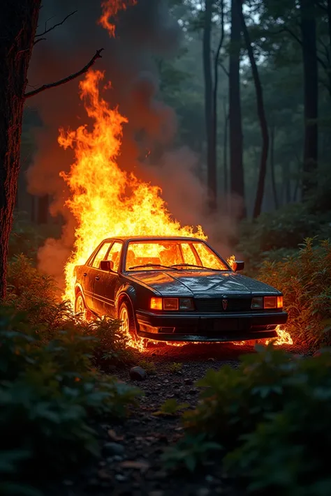 a black car burning in the dark forest at night with so many grasses around the car