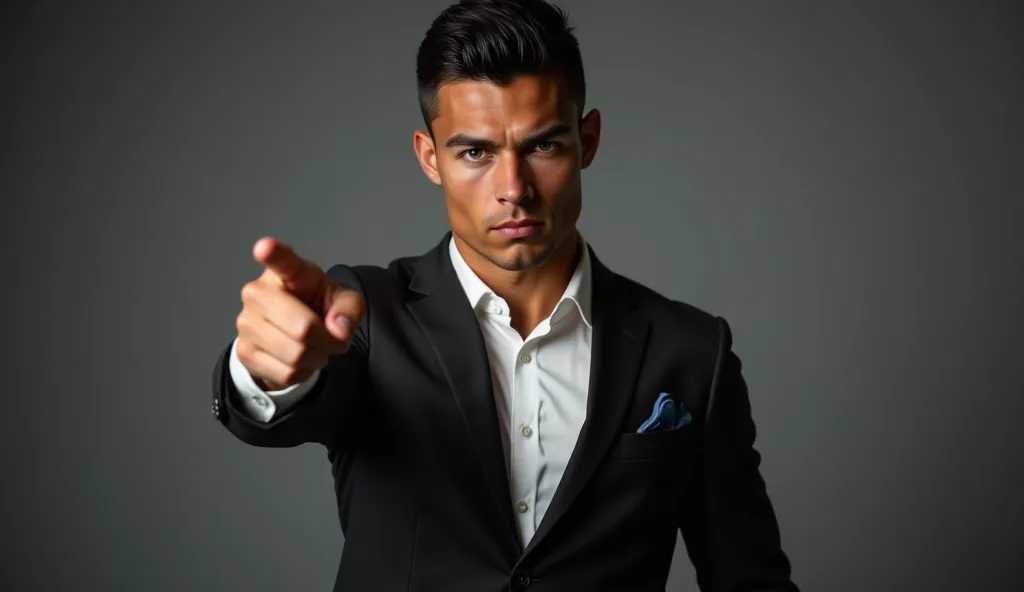 full body portrait of christian ronaldo in a suit, extremely detailed skin, pointing at viewer with an angry face.