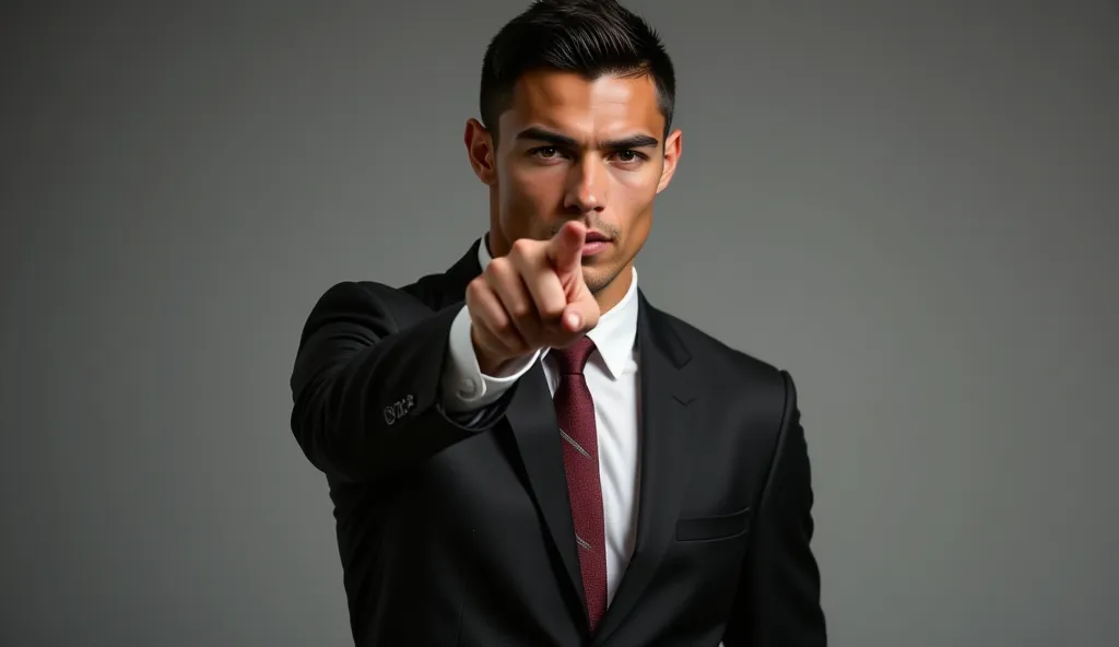 full body portrait of ronaldo in a suit, extremely detailed skin, pointing at viewer with an angry face.