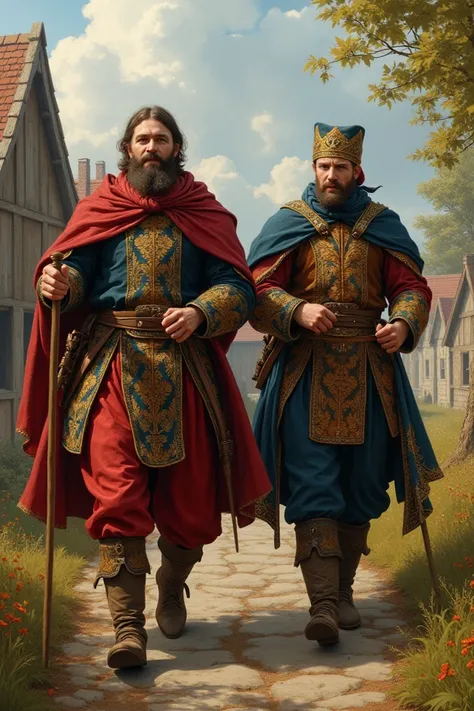 ((best quality)), ((masterpiece)), (detailed), perfect Ukrainian Cossacks in fancy clothes of 16 century  smiling while going through village in ukraine painting style